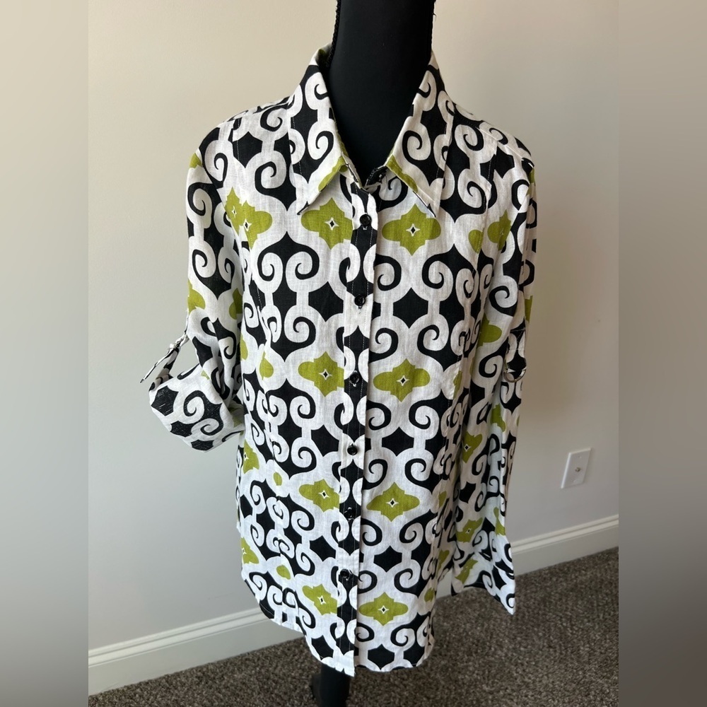 David Brooks 100% linen artsy button shirt in multicolor geometric pattern XL